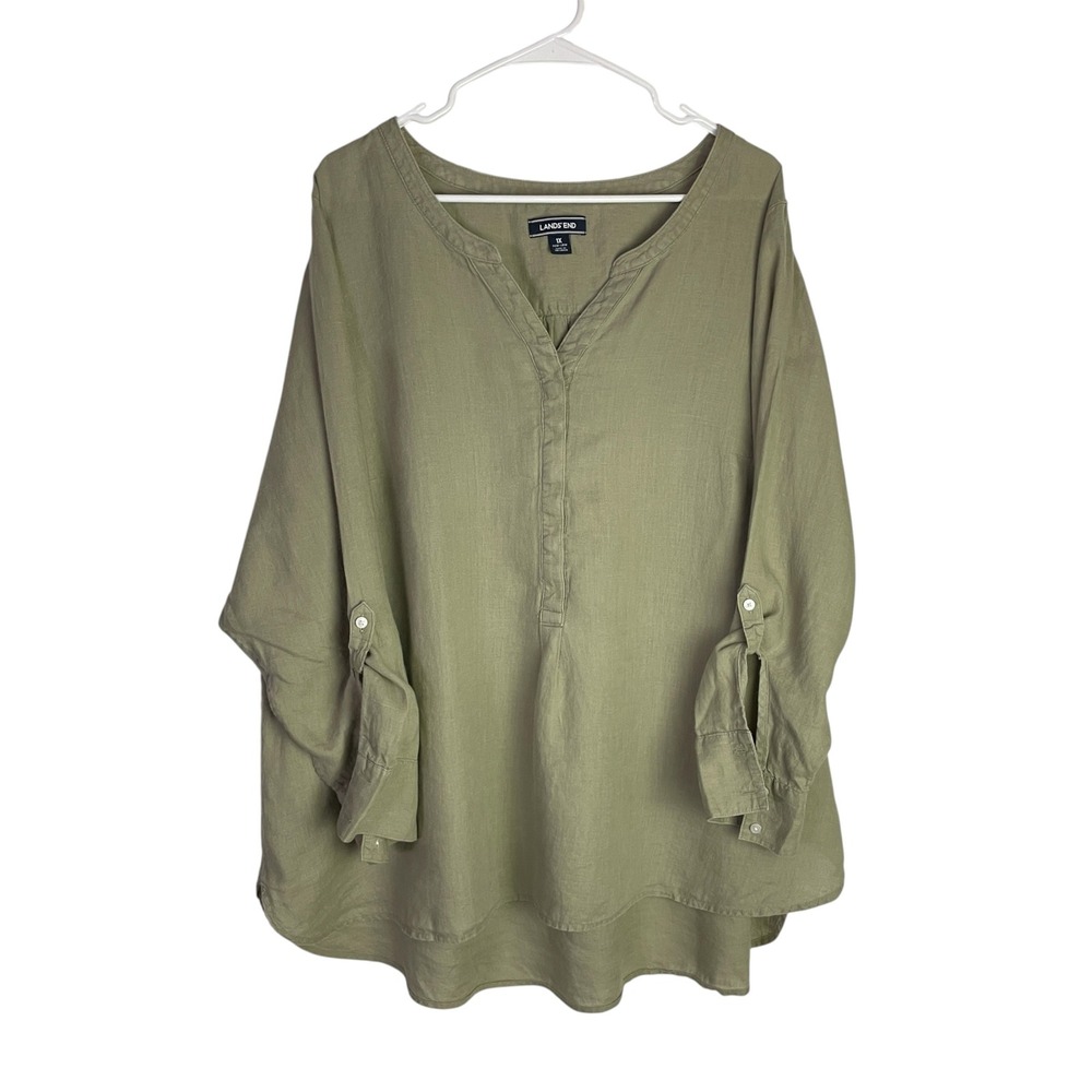 Lands End Womens 100% Linen Tunic Shirt Size 1X Green Roll Tab Henley V Neck